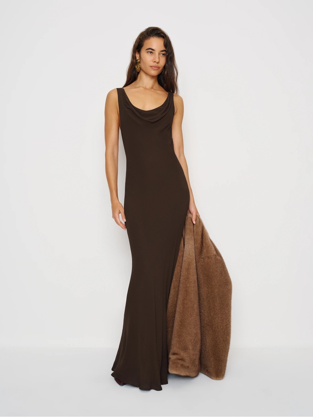Reformation Chocolate Brown Cowl Neck Maxi Dress